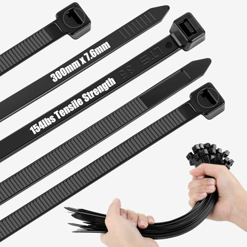 100 PCS Cable Ties Black, 300mm×7.6mm, Cable Ties Heavy Duty, Tensile Strength 154 lbs/70 kg, Widened and Thickened, UV Resistant, Large Nylon Zip Ties, Heavy Duty Zip Ties