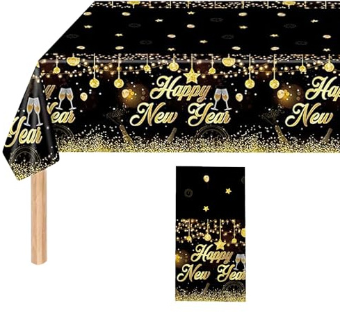 Tischdecke Silvester 2026, Happy New Year Tischdecken, Tischtuch Neujahr, Elegante Tischdecke in Schwarz & Gold für Neues Jahr Frohes Decorations Supplies Partydeko Neujahr & Festtage