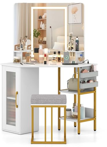 COSTWAY Eck Schminktisch mit LED Beleuchtung & Ladestation, Eck-Frisiertisch Holz und Metallrahmen, Kosmetiktisch mit Hocker, Dreifachspiegel, Stauraum für Schlafzimmer und Wohnziummer