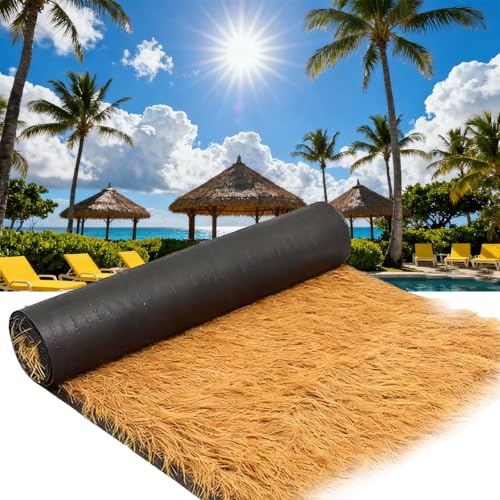 Artificial Grass Roof, 1M*9M Cuttable Synthetic Thatch Palm Hay Bales Material Art DIY Crafts Roll Yellow Palapa Weatherproof Plam Mexican Style Straw Upgraded and Encrypted for Houses Garden Decor