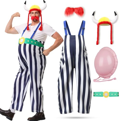 Cheffery Gallier Kostüm Herren, Blau-Weiß Gestreiftes Kostüm, Bauchiger Charakter Kostüm mit Bauchpolster, Wikinger-Perücke und Roter Bart, Kindheitshelden Karnevalskostüm, Faschingskostüme Männer