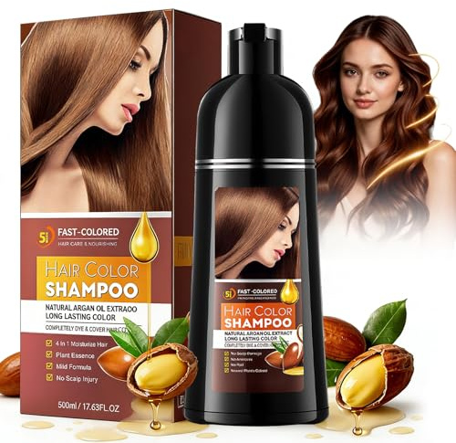 Champú Tinte Castaño Claro 4 en 1 para Hombre y Mujer, Cobertura de Canas Natural e Instantánea, 500ml, Fácil de Usar en Casa, Coloración Duradera y Suave para Todo Tipo de Cabello