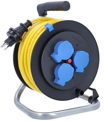 as - Schwabe Kabeltrommel 50 m K35 AT-N07V3V3-F 3G1,5 gelb, IP44 Außenbereich, mit SEV T13 Stecker IP55 und 3x Typ 13 Steckdosen, Thermoschutzschalter, Made in Germany