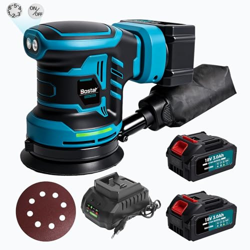 Bostar Ponceuse Excentrique Sans Fil 18V, Moteur Brushless Ø 125mm, Set avec 2x Batteries 3.0Ah (BMS), 21 000 OPM, 6 Vitesses Digitales, Compatible avec Batterie Makita 18V LXT, Pour Bois et Auto