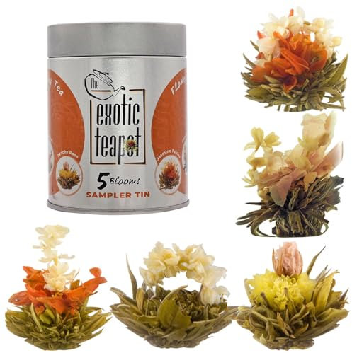 The Exotic Teapot – Flowering Tea Sampler Tin, 5 Assorted Flower Blooms, Jasmine, Fruity Flavours