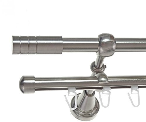 BASIT Rohr + Innenlauf Gardinenstange Wandmontage 2 läufig 200cm lang Edelstahl Look Metall Gardinenstange 2 läufig Wandbefestigung Ø16mm I H14+I