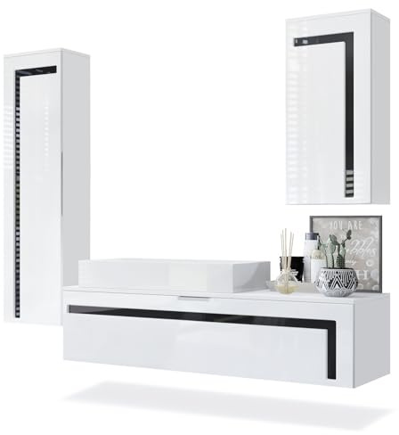 Vladon Conjunto de Muebles para baño Aloha, Cuerpo en Blanco Mate/Frentes en Blanco de Alto Brillo con molduras en Negro de Alto Brillo con Lavabo