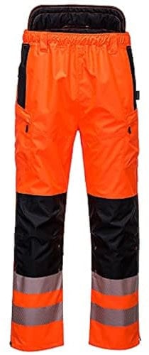 Portwest PW342 PW3 Men's Hi-Vis Extreme Waterproof Rain Trousers with Pockets - Reflective High Viz Outdoor Safety Workwear, Orange/Black, S