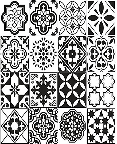 FoLIESEN Fliesenaufkleber für Bad, Küche, Badezimmer - Fliesen-Folie selbstklebend - Black and White -16 Klebefliesen, .:20x25 cm / 16-tlg. Set
