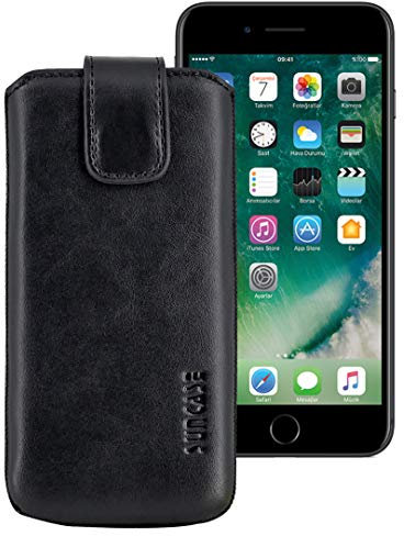 Suncase ECHT Ledertasche Leder Etui Tasche kompatibel mit Apple iPhone SE 2020 Hülle (mit Rückzugsfunktion und Magnetverschluss) schwarz