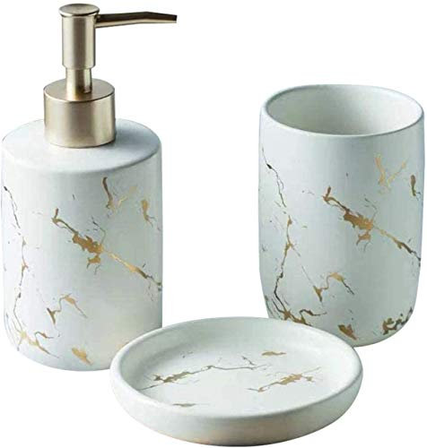 FülleMore Keramik Bad Accessoires Set luxuriös Marmor Optik 3-teiliges Badezimmer Zubehörset aus Seifenspender Seifenschale Zahnputzbecher (Weiß)