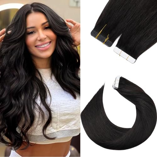 Silk-co Tape in Extensions Echthaar 20stk, leicht Version Tape Extensions Echthaar, Remy Haarextensions Tape in Haarverlängerung Kleber Skin Weft 20g 1B# Naturschwarz 30cm