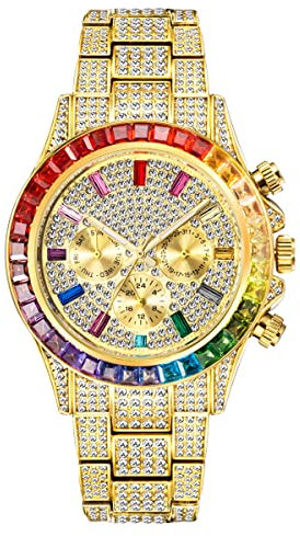 ICEDIAMOND 3-Augen-Armbanduhr mit kubischem Labordiamant, Quarz, Kalender und Zeitzonenanzeige, Zifferblatt, Uhr für Herren und Damen (Rainbow-G)