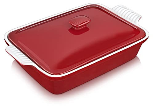 vancasso Blossom Casserole Dish , 13x9 Baking Dish , 3.8 Quart Casserole Dish Set Lasagna Pan Deep With Lid Oven Safe, Red