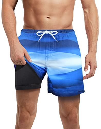 LUCOWEE Mens Swim Trunks with Compression Liner no Chafe Boxer Brief Lined Swimming Trunks Quick Dry UPF 50+ Stretchy 5/7 inch Inseam Bathing Suit Shorts Silver Lining
