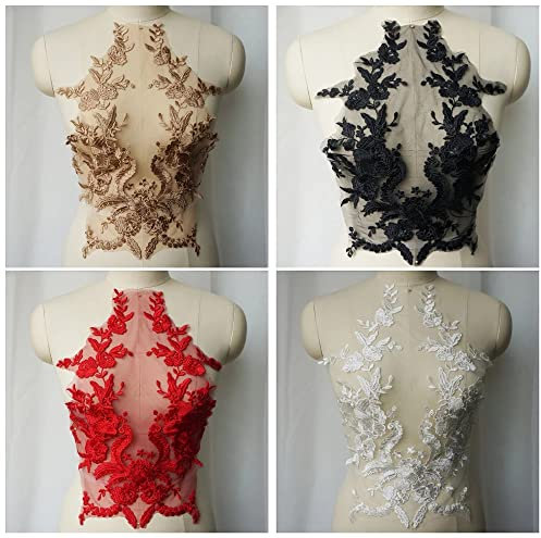 Yulakes 1PCS 3D Stickerei Spitze Applikation,Gestickte Spitze Ausschnitt Blumen Strass Tüll Besatz Besetzter,Spitzenapplikation Blumenstickerei Patch für DIY Ausschnitt Hochzeit Brautkleid (Red)