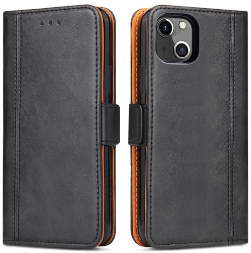 Bozon Handyhülle für iPhone 13, iPhone 14 Leder Klapphülle Handytasche Kartenfach Klappständer Magnetisch Lederhülle für Apple iPhone 13/ iPhone 14, Schwarz