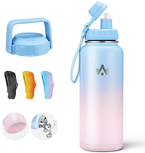 ALongSong Gourde Isotherme 1L Bouteille Thermos Cafe Pour Enfant Femme Homme, Sans BPA, Maintien Froid 48H & Chaud 24H Avec Paille 2 Couvercles - Rose Bleu