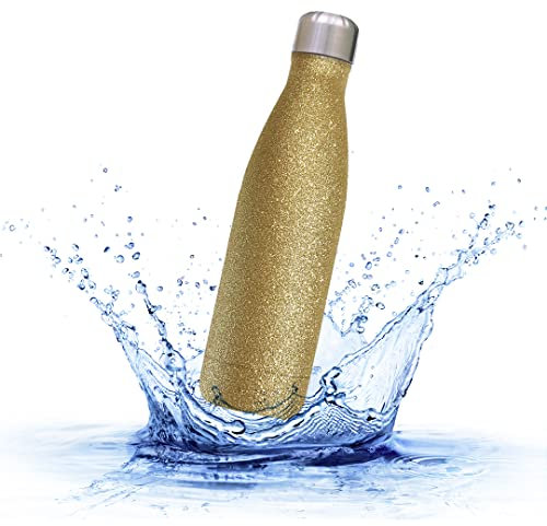 Sprengers – Trinkflasche aus Edelstahl – auslaufsichere & thermoisolierte Wasserflasche hält Getränke bis zu 18 Stunden warm oder kalt (Gold Glitzer, 0,5 l)