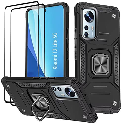 KANSi Coque pour Xiaomi 12 Lite 5G, Verre Trempé [2 Pièces] + Housse TPU Silicone Rotation 360° Aimant Anneau Support Double Défense Protection Etui - Noir