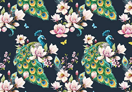 wandmotiv24 Fototapete Kunst Aquarell Pfau Muster, 200 x 140cm - selbstklebende Strukturtapete, Wanddeko, Wandbild, Wandtapete, Tier Feder Blumen rosa M6581