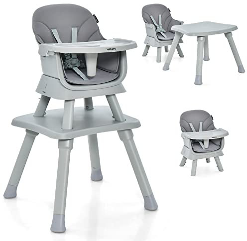 COSTWAY 6-in-1 Babyhochstuhl, Hochstuhl & Essstuhl & Lerntisch & Bausteintisch & Kindersitzgruppe, Kinderhochstuhl mit Sicherheitsgurt und abnehmbares Tablett, Babystuhl Kombihochstuhl (Grau)
