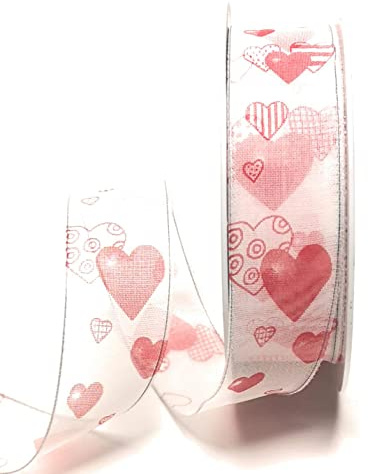 Schleifenband 20m x 25mm Weiß - Rot Herzband Organza Hochzeitsband Dekoband Herz [9121]
