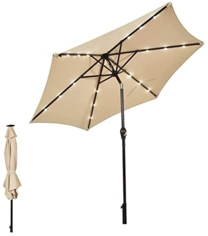 SFAREST 2.7M Garden Parasol, Lighted Patio Umbrella with 18 Solar Powered LED Lights & Crank Handle, Outdoor Sun Shade Shelter for Garden Pool Yard Beach (Beige)