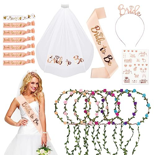 BETESSIN 17pz Kit Accessori Gadget Oggetti Sposa Addio al Nubilato Velo Cerchietto Bride Fascia Bracciali Sposa Amiche Corona Fascia Fiori per Capelli Tatuaggi Addio al Nubilato Matrimonio Nozze