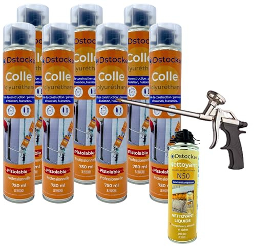 DSTOCK60 - Lot de 7 colles de montage polyuréthane + 1 pistolet + 1 nettoyant mousse - Mousse polyuréthane faiblement expansive pour le collage des panneaux isolants, rouleaux de bitume, huisseries