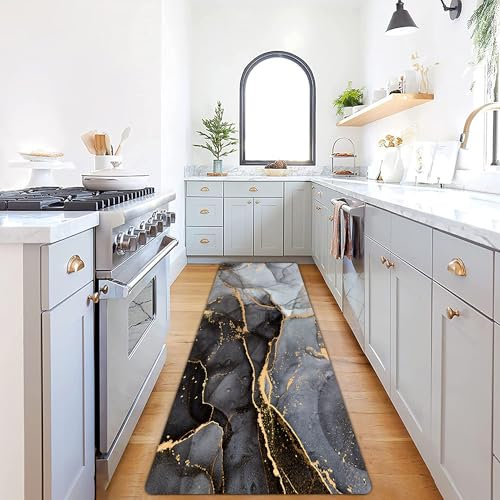 Bisead Tapete de cocina de mármol de 23.5 x 70 pulgadas, tapete antifatiga para piso de cocina, accesorios de cocina negros, antideslizante, impermeable, tapete cómodo de PVC, tapete de pie para