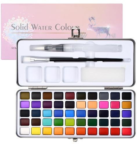 Volumoon Juego de Acuarelas Profesionales, con 50 Colores + 1 Cepillo para Tanque de Agua + 1 Bolígrafo, en Caja Portátil, Acuarela Sólida de Alta Pigmentación, para Principiantes y Profesionales