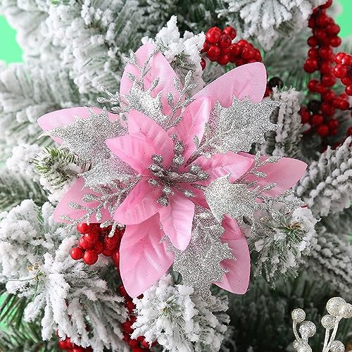 PTNKUIIY 20 Stück Weihnachten Glitzer Künstlich Poinsettia Blumen Weihnachtsstern Weihnachtsbaum Ornamente Weihnachten Künstliche Blumen Dekor Hochzeit Blume Deko Weihnachtsbaumschmuck -Rosa Silber