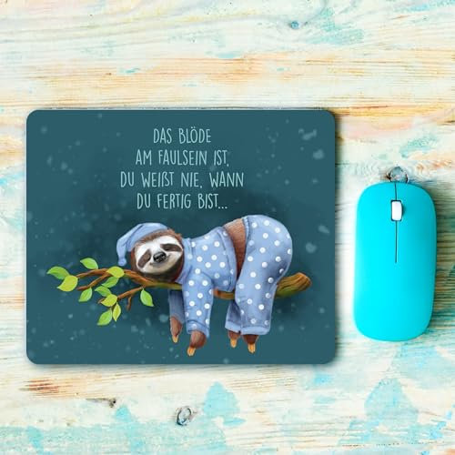 Mauspad Mousepad Faultier auf AST mit Spruch Faul Sein Geschenk Schreibtischunterlage