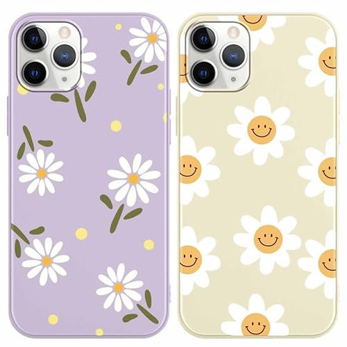RUMDEY 2 Pack Cute Daisy Flowers for iPhone 11 Pro 5.8 Inch Phone Case,Smile Pattern Aesthetic Design Cases Soft Silicone Slim TPU Shockproof Protective Fundas for Teen Girls Women (Purple&Beige)