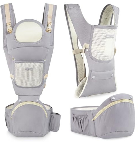 Moby-System AMY 10-in-1 Kindertrage, Baby Hüfttrage 0-36 Monate - Ergonomische Babytrage, 3 Stützpunkte, Verstellbarer Hüftgurt, Atmungsaktive Baumwolle - Bis 15 kg, Grau