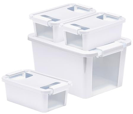 Curver VersaBox Kunststoff-Organisations- und Aufbewahrungsboxen mit sicherem Verriegelungsdeckel, Weiß, 4 Stück