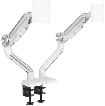 HFTEK - Dual Monitor Halterung bis 37 Zoll, Bildschirmhalterung 2 Monitore bis 12kg pro arm, Gasfeder Monitorhalterung mit USB, Monitor Tischhalterung Höhenverstellbar Neigbar, VESA 75 100 (HF24G06U)