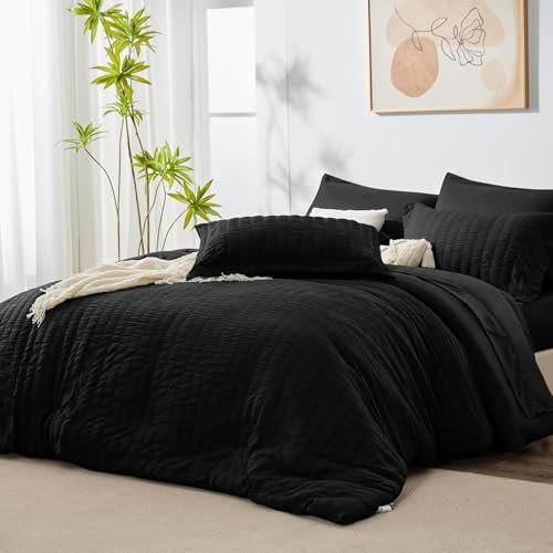 Luofanfei Sommer Seersucker Bettwäsche 135x200 Schwarz Uni Wende Gestreifte Sommerbettwäsche Microfaser Atmungsaktiv Leicht Geometrisches Muster Bettbezug Einzelbett und Kissenbezug 80x80 cm