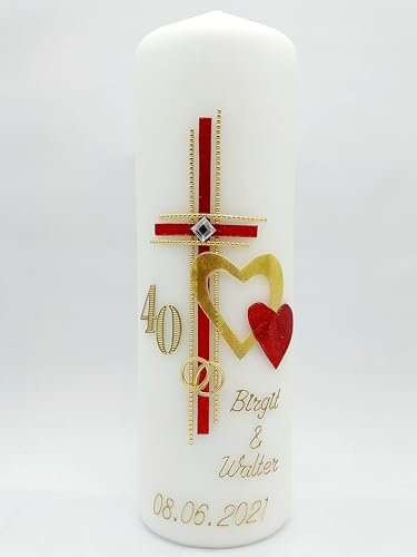 Kerze Rubinhochzeit RH-10 in vers. Farben inkl. Namen und Datum