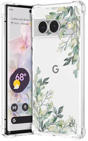 RALEAVO Coque Compatible avec Google Pixel 8a, Transparent Silicone Housse avec Fleurs Motif pour Pixel 8a-Feuilles