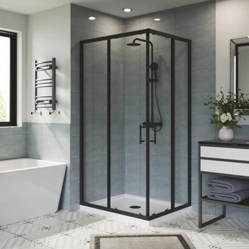 Aquariss 1000x800mm Two Sliding Doors Shower Enclosure 6mm Easy Clean Glass Bathroom Shower Cubicle Black with White Shower Tray Free Waste