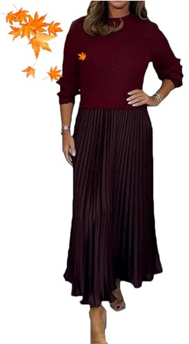 AMOUSDRDR Women's Solid Color Long Sleeve Jumper & Pleated Bottom Dress, Stylish Patchwork Long Sleeve Pleated Skirt Dress Suit (Red,M)