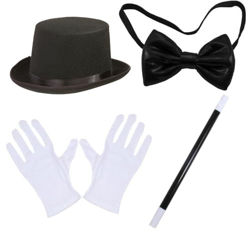 4pcs / ensemble Magicien Costume Kit de magicien d'Halloween avec chapeau haut, baguette, gants et nœud papillon Costume magicien adulte pour les fêtes de costumes, cosplay et événements sur le thème