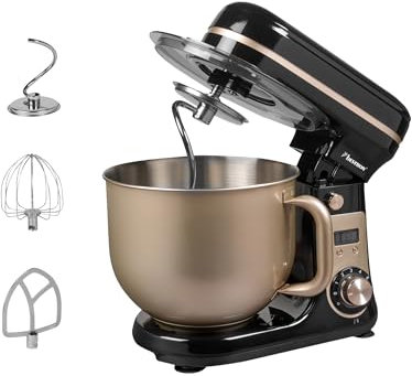 Bestron Robot da cucina Super Silent (65db) 4-1 robot da cucina con motore DC, ciotola da 6 litri, con gancio per impastare, frusta e mazza per impasto, 6 livelli di velocità + funzione impulsi,