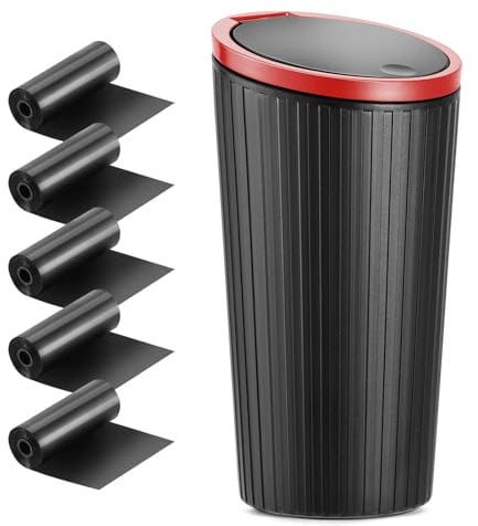 Mini Car Bin, Car Trash Can with Lid, Waterproof Bin for Car with 5 Rolls of Bags, Leakproof Plastic Car Bins for Front of Car, Small Portable Clean Bin, for Car Home Office (Red)