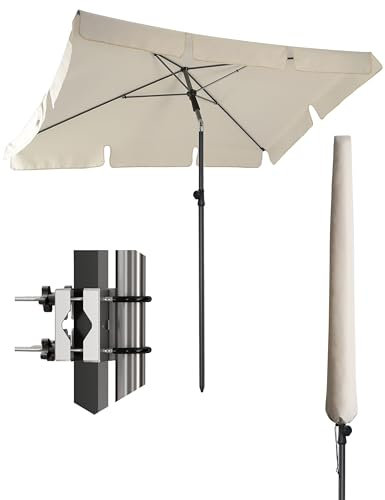 4smile Sonnenschirm Balkon SunnyShade - Sonnenschutz Balkon 3-in-1 SET, Beige - Sonnenschirm rechteckig 200 x 125 cm + Metall Sonnenschirmhalter Balkongeländer SunnyEasy + Sonnenschirmhülle