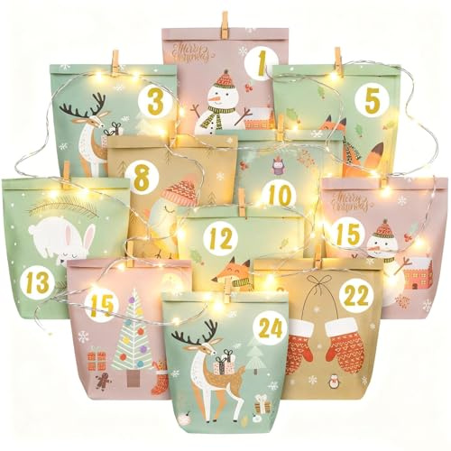 DIY Adventskalender zum Befüllen Set 2025 – 24 Adventskalender Tüten mit Lichterkette, Zahlenaufklebern & Holzklammern – Weihnachtstüten für Kinder, Frauen, Männer (LED Weihnachts Tüten)