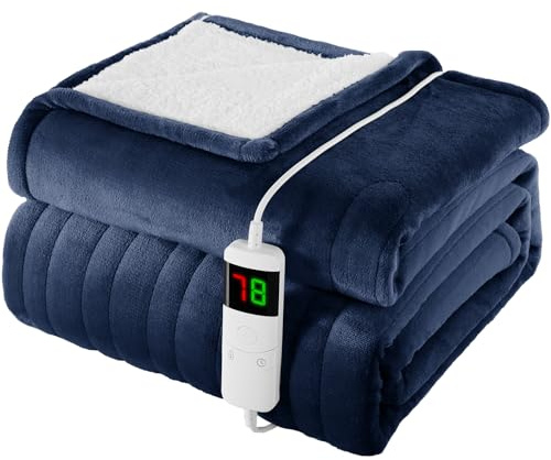 L'AGRATY Heizdecke,Wärmedecke 180x130cm,Wärme-heizdecke mit Abschaltautomatik,6 Heizstufen,10-Stunden-Timer,Wärmedecke Elektrisch mit Überhitzungsschutz Maschinenwaschbar(Marine-Blau)