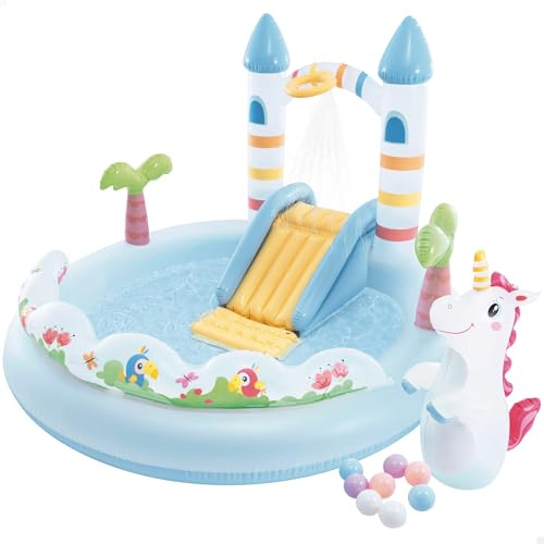 Intex Centro de juegos hinchable para niños, 196x178x127 cm, Diseño castillo unicornio con tobogán, Dispensador de agua, Incluye bolas y anilla de juego, (56148)